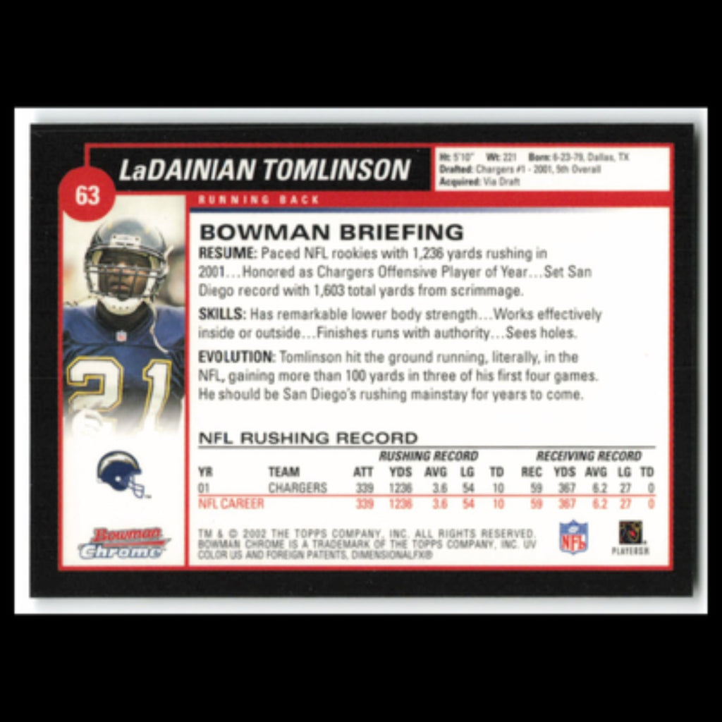 LaDainian Tomlinson #63 2002 Bowman Chrome San Diego Chargers Football Card NFL