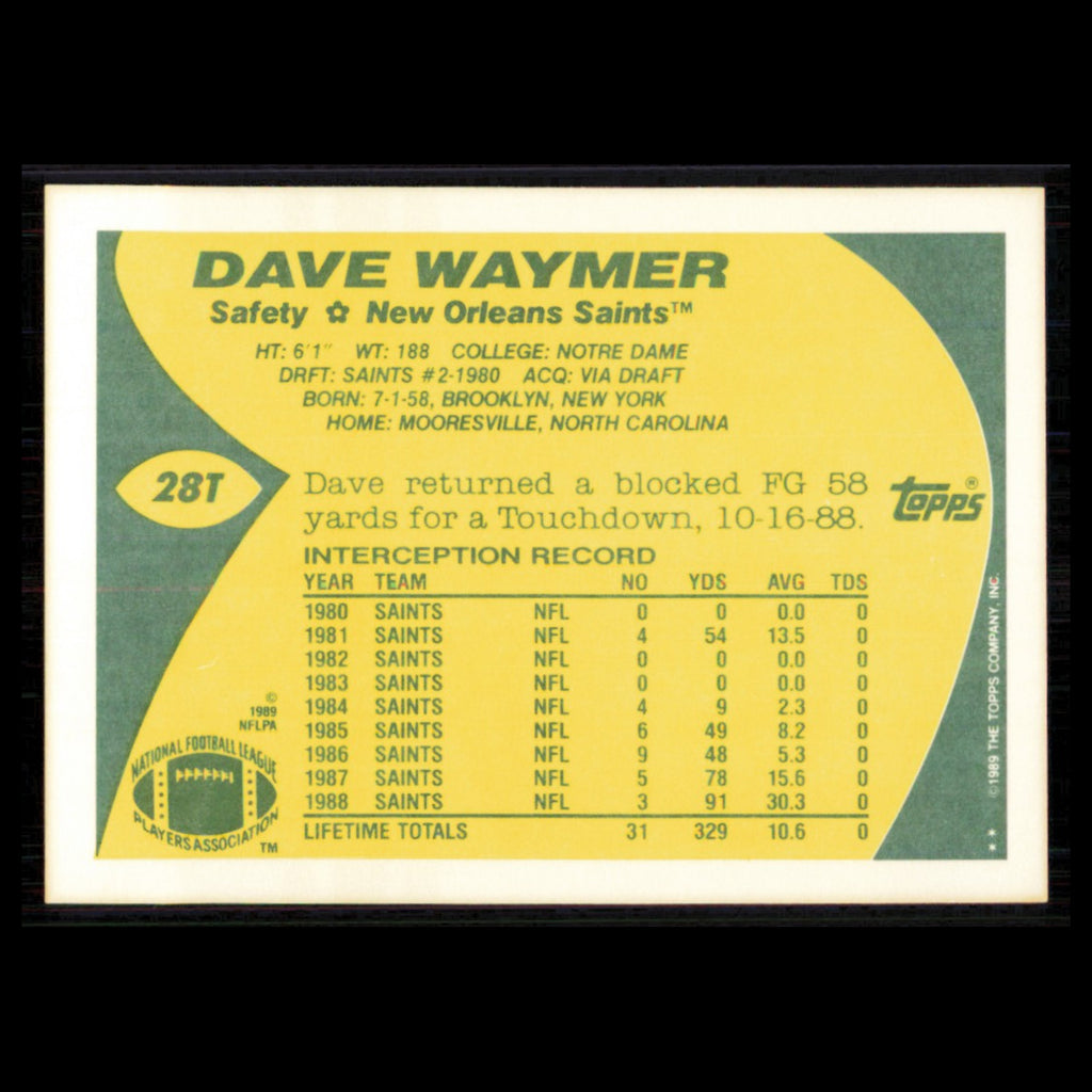 Dave Waymer #28T 1989 Topps Traded New Orleans Saints Football Card NFL NM