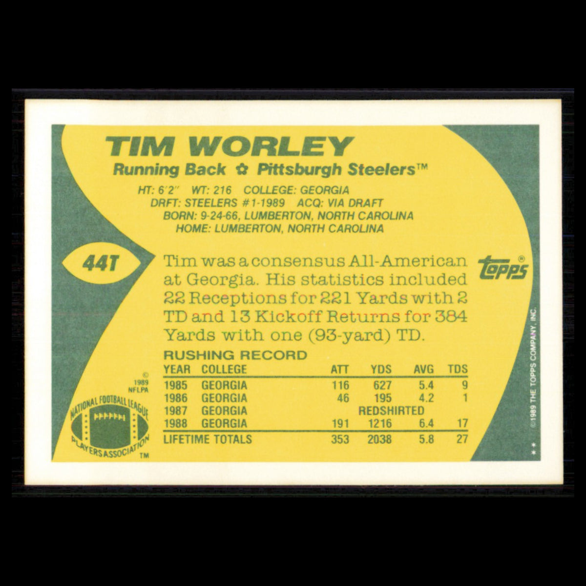 Tim Worley #44T 1989 Topps Traded Pittsburgh Steelers Football Card NFL NM