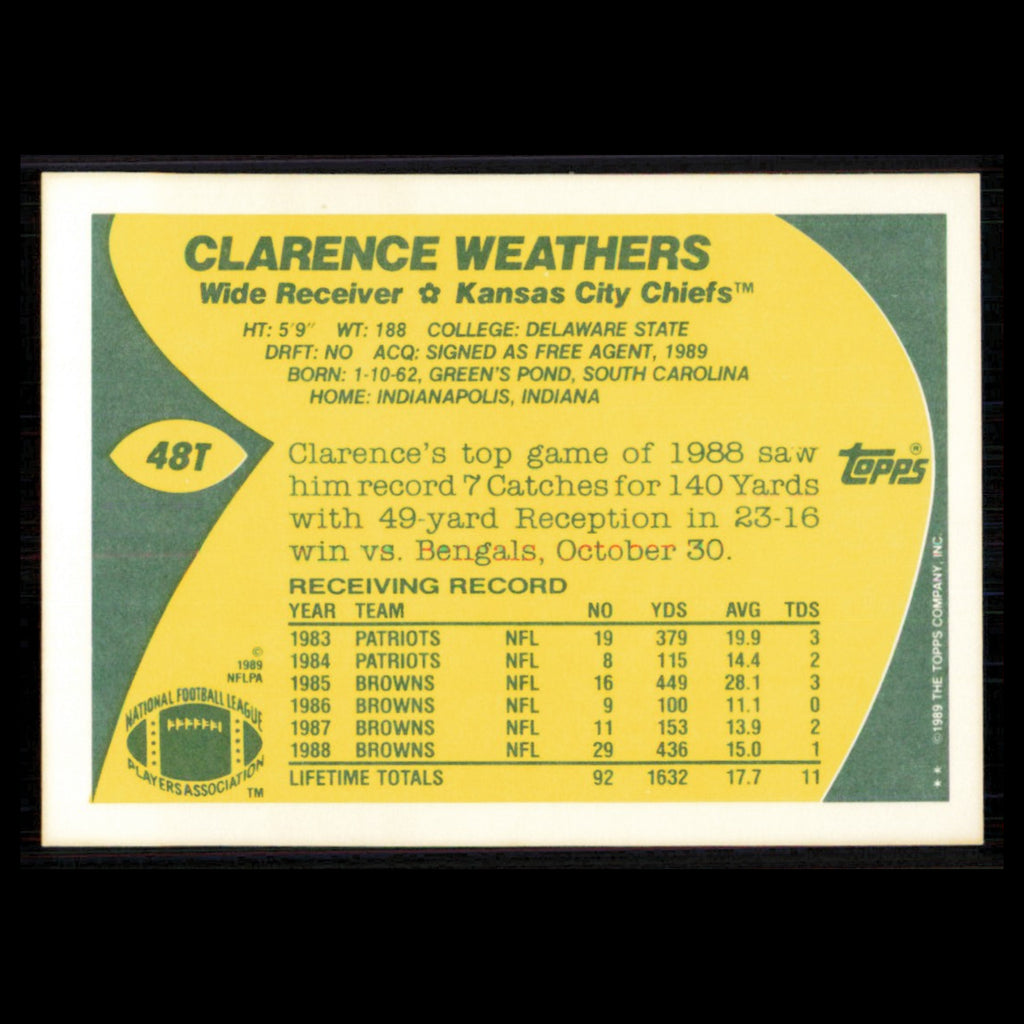 Clarence Weathers Rookie #48T 1989 Topps Traded Kansas City Chiefs Football Card