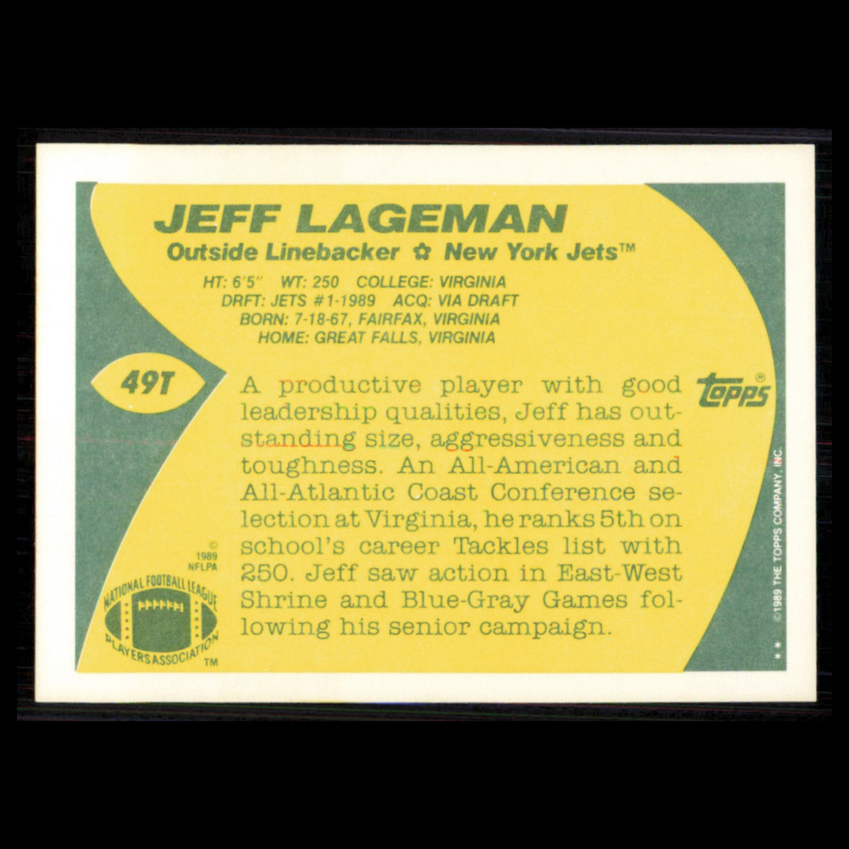 Jeff Lageman Rookie #49T 1989 Topps Traded New York Jets Football Card NFL NM