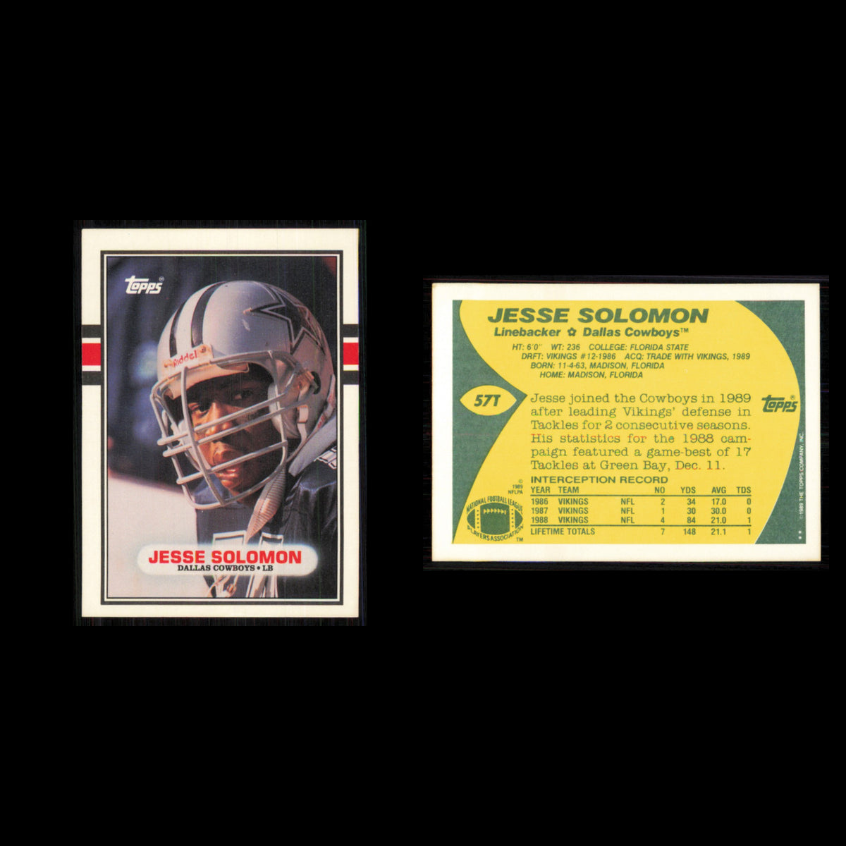 Jesse Solomon #57T 1989 Topps Traded Dallas Cowboys Football Card NFL NM