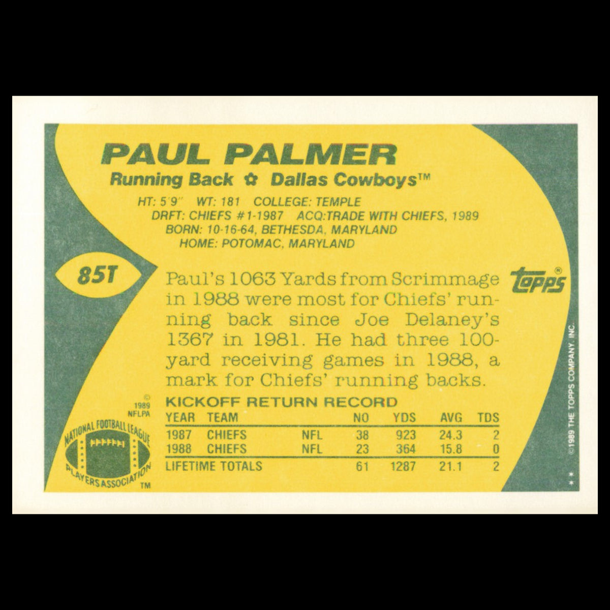 Paul Palmer #85T 1989 Topps Traded Dallas Cowboys Football Card NFL NM