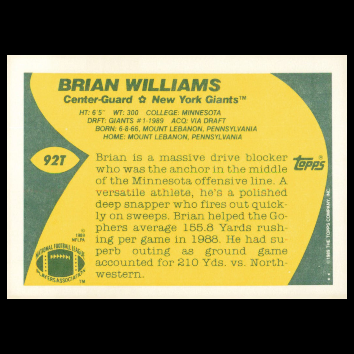 Brian Williams Rookie #92T 1989 Topps Traded New York Giants Football Card NFL