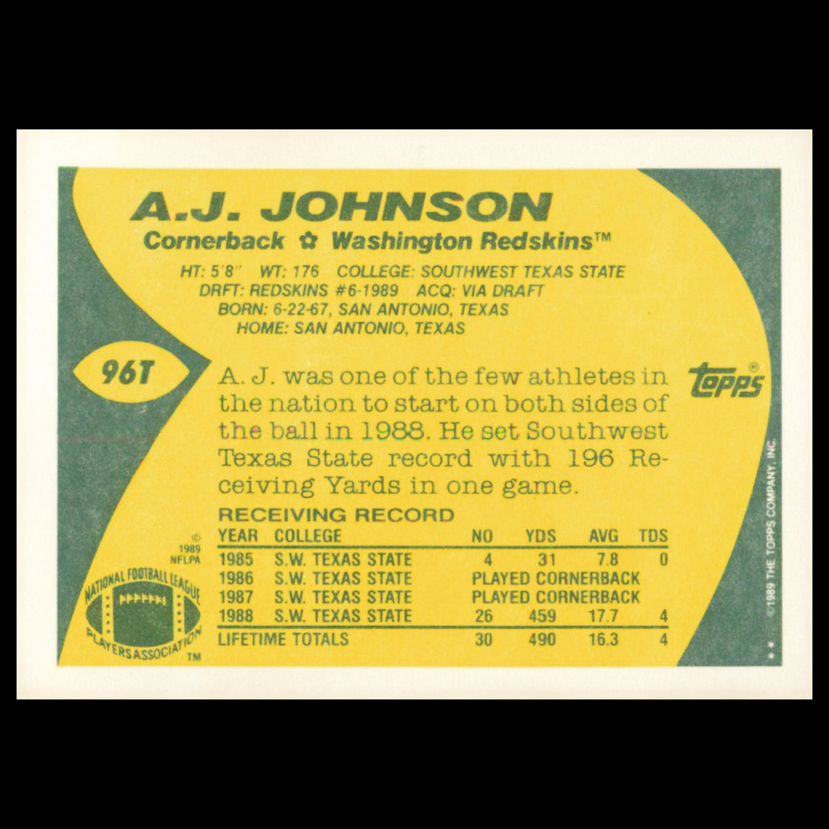 A.J. Johnson Rookie #96T 1989 Topps Traded Washington Redskins Football Card NFL