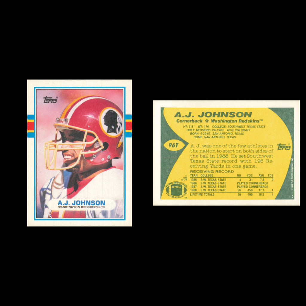 A.J. Johnson Rookie #96T 1989 Topps Traded Washington Redskins Football Card NFL