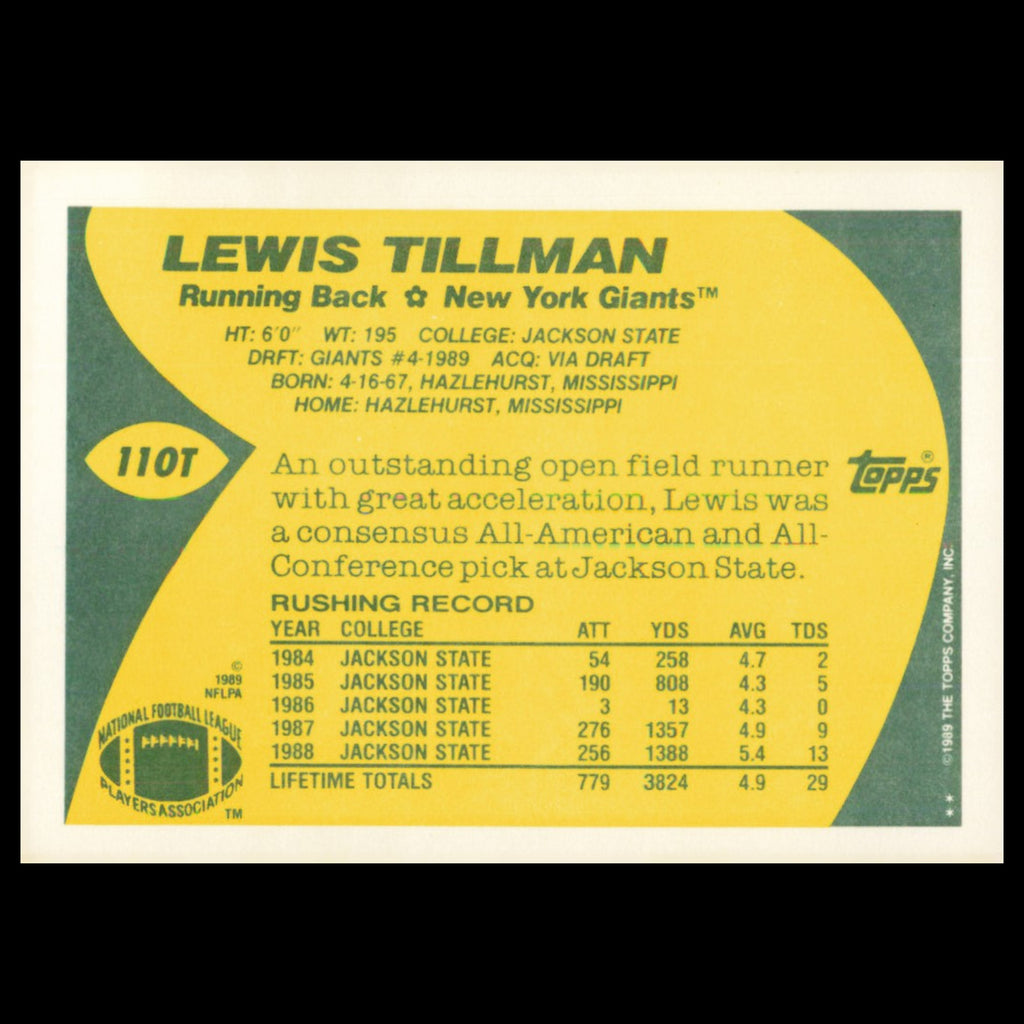 Lewis Tillman Rookie #110T 1989 Topps Traded New York Giants Football Card NFL