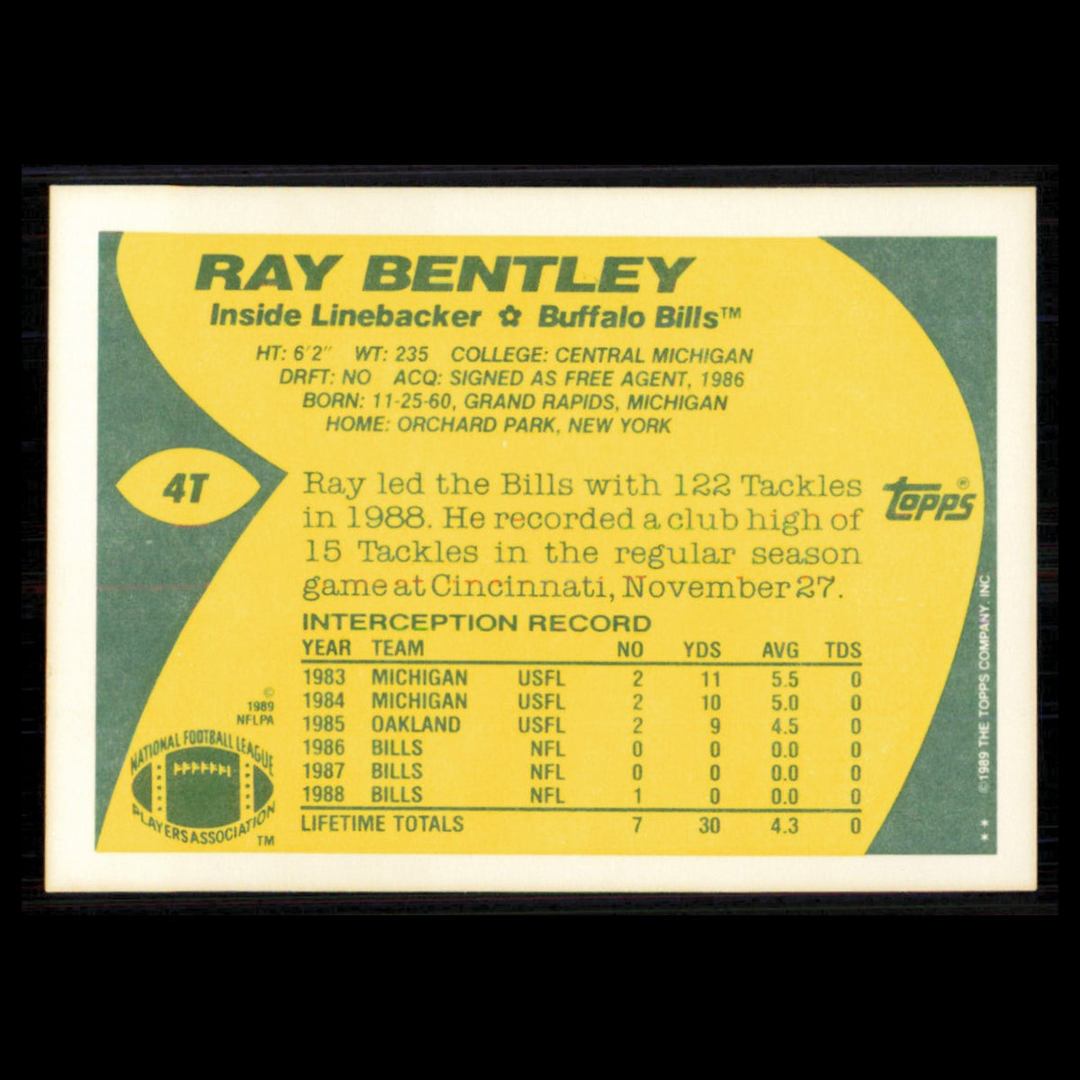 Ray Bentley Rookie #4T 1989 Topps Traded Buffalo Bills Football Card NFL NM