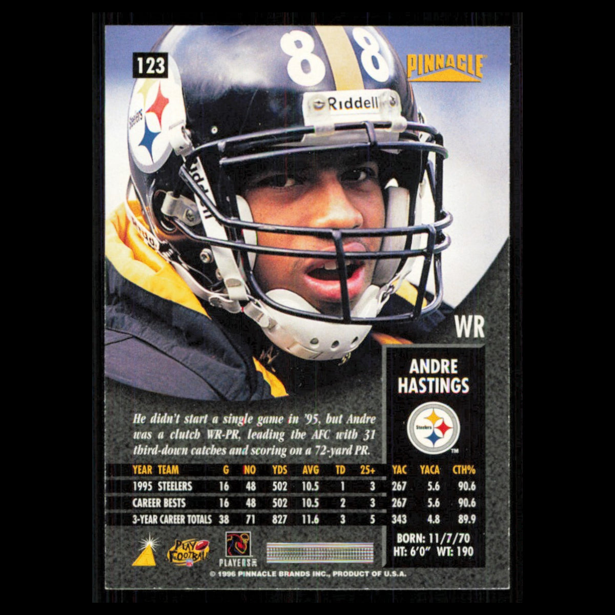 Andre Hastings #123 1996 Pinnacle Pittsburgh Steelers Football Card NFL NM