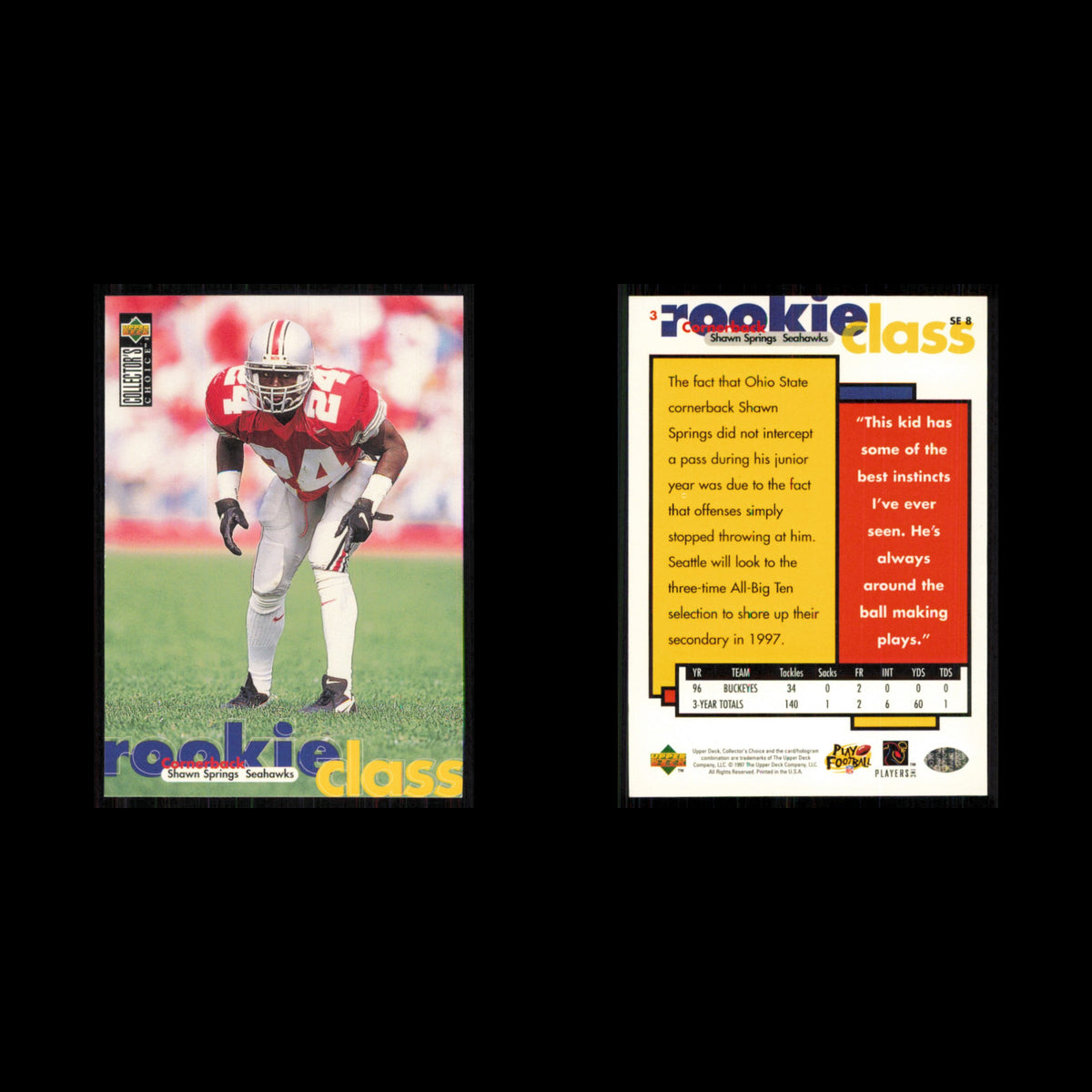 Shawn Springs Rookie #3 1997 Collectors Choice Seattle Seahawks Football Card NM