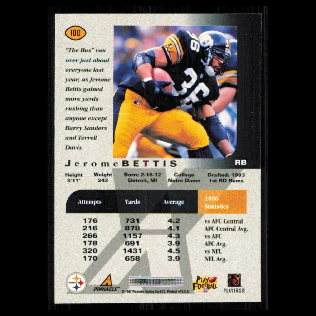 Jerome Bettis #100 1997 Pinnacle X-Press Pittsburgh Steelers Football Card NFL