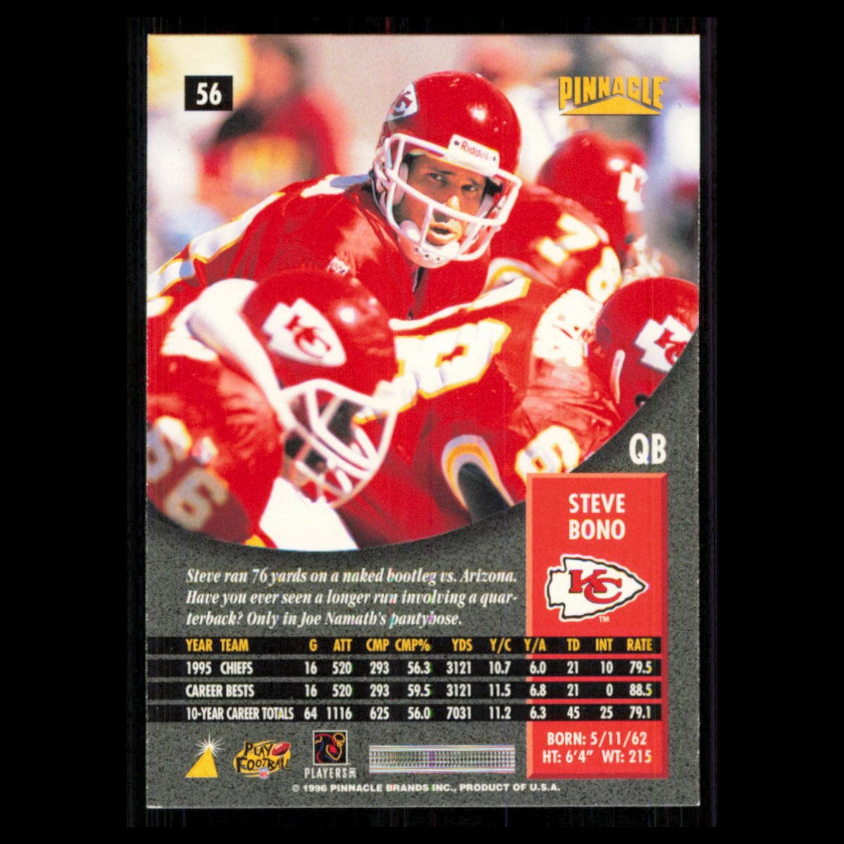Steve Bono #56 1996 Pinnacle Kansas City Chiefs Football Card NFL NM