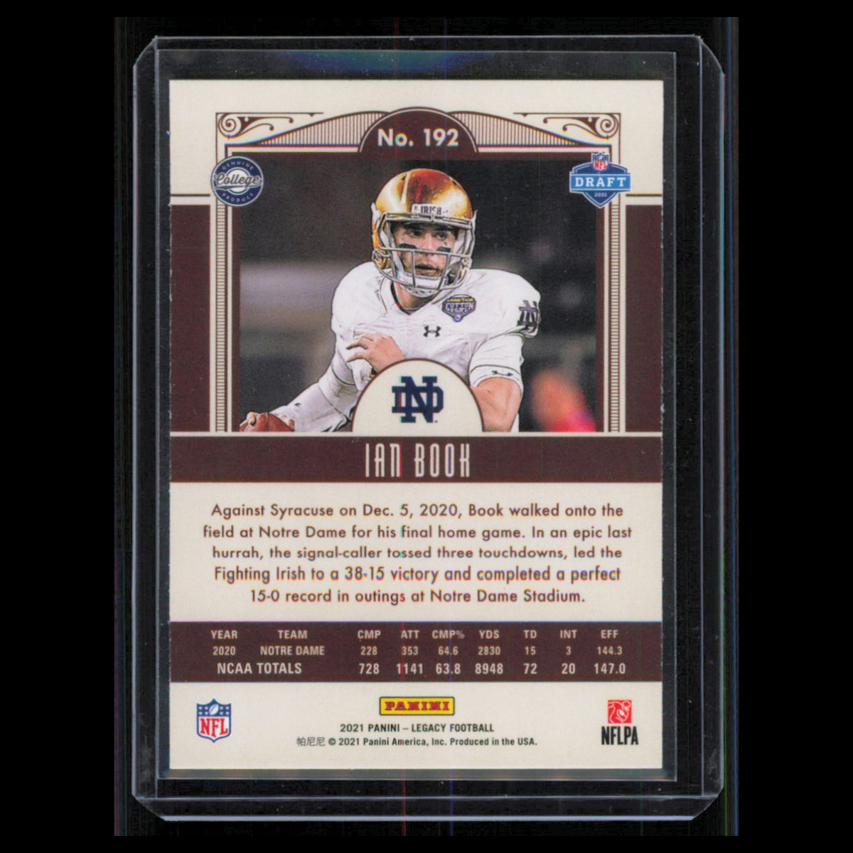 Ian Book Rookie #192 2021 Panini Legacy Notre Dame Fighting Irish Football Card