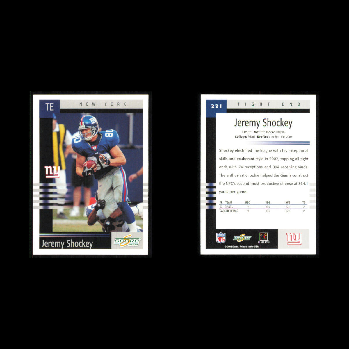 Jeremy Shockey Lot 8 Football Cards 2003 Score New York Giants Set Collection NM
