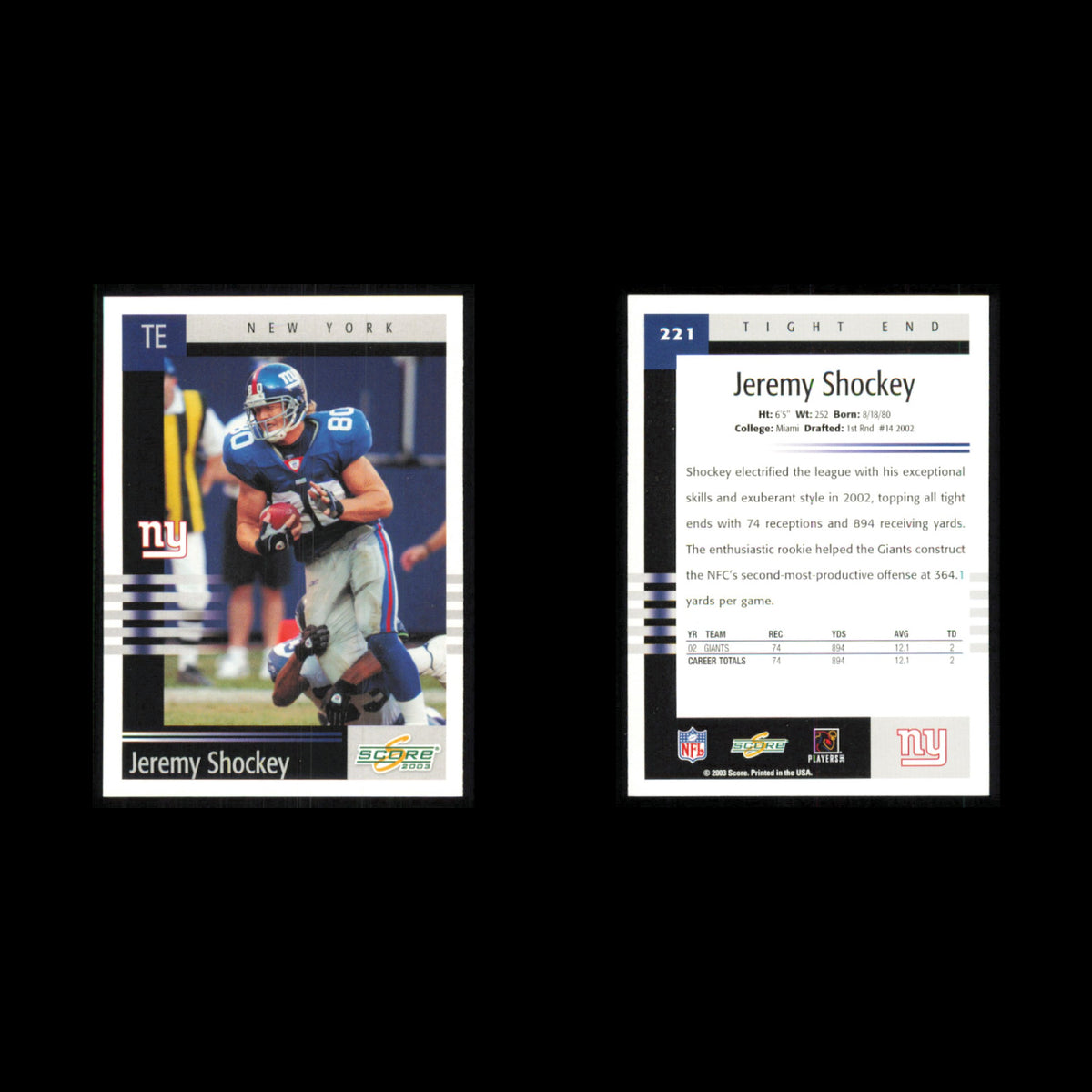 Jeremy Shockey Lot 8 Football Cards 2003 Score New York Giants Set Collection NM