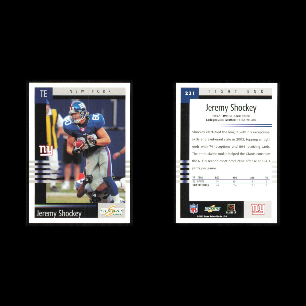 Jeremy Shockey Lot 8 Football Cards 2003 Score New York Giants Set Collection NM