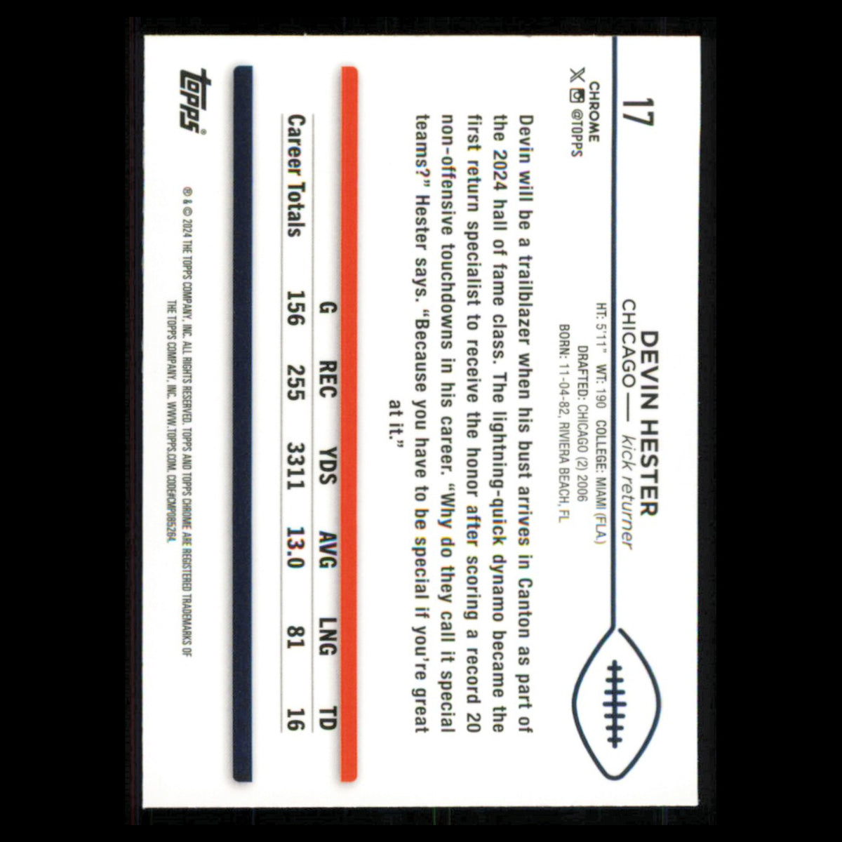 Devin Hester #17 2024 Topps Chrome Chicago Bears Football Card NFL NM