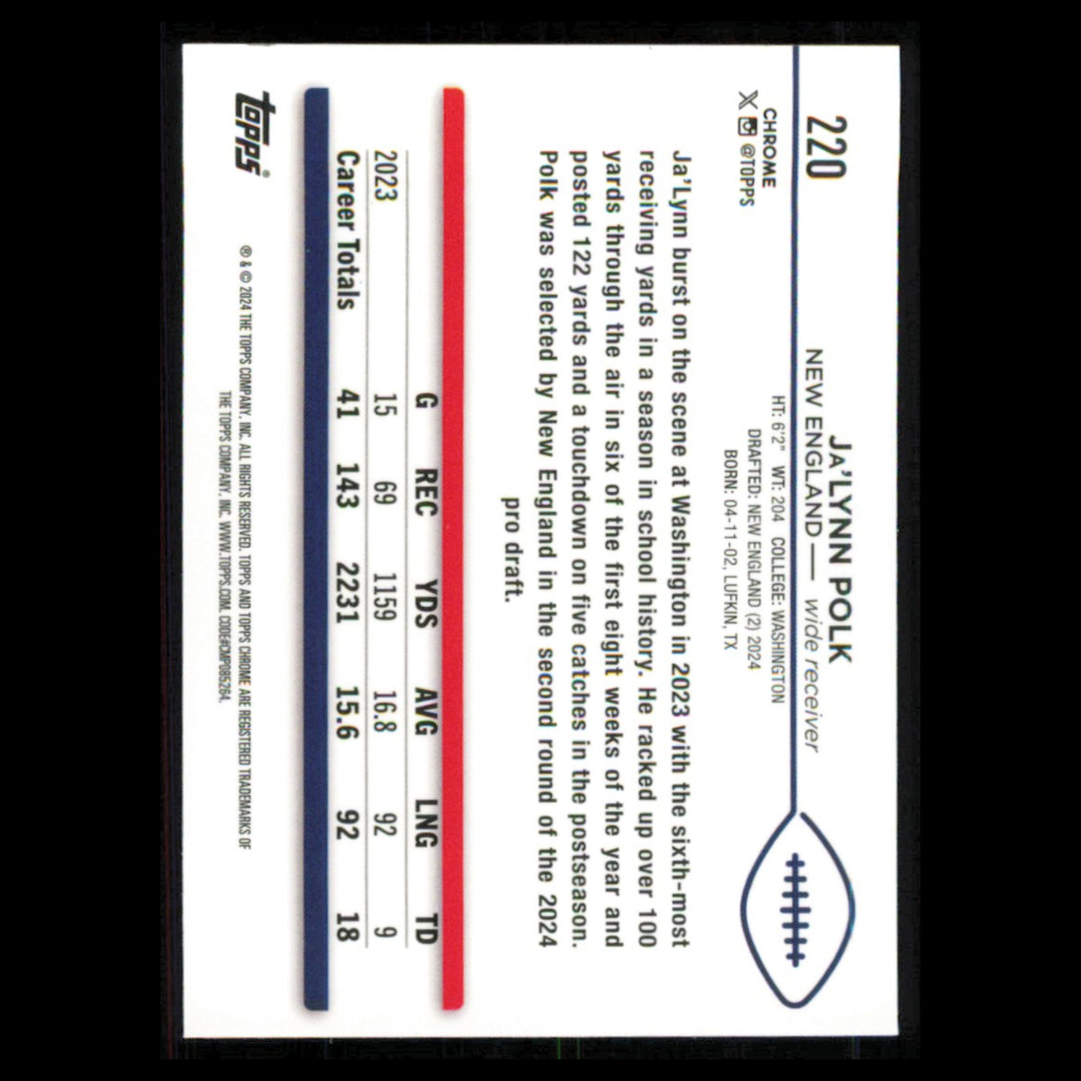 JaLynn Polk Rookie #220 2024 Topps Chrome New England Patriots Football Card NFL