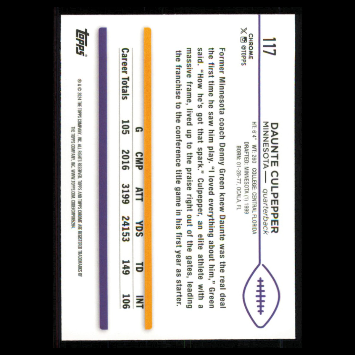 Daunte Culpepper #117 2024 Topps Chrome Minnesota Vikings Football Card NFL NM