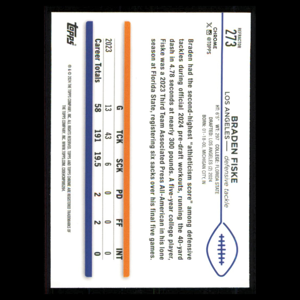 Braden Fiske Rookie #273 2024 Topps Chrome Los Angeles Rams Football Card NFL NM