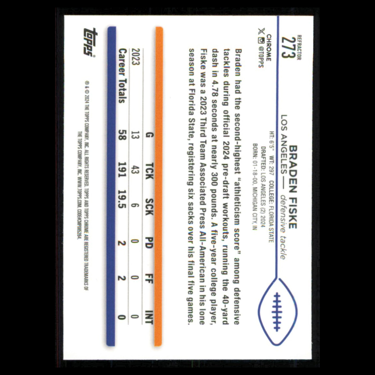 Braden Fiske Rookie #273 2024 Topps Chrome Los Angeles Rams Football Card NFL NM