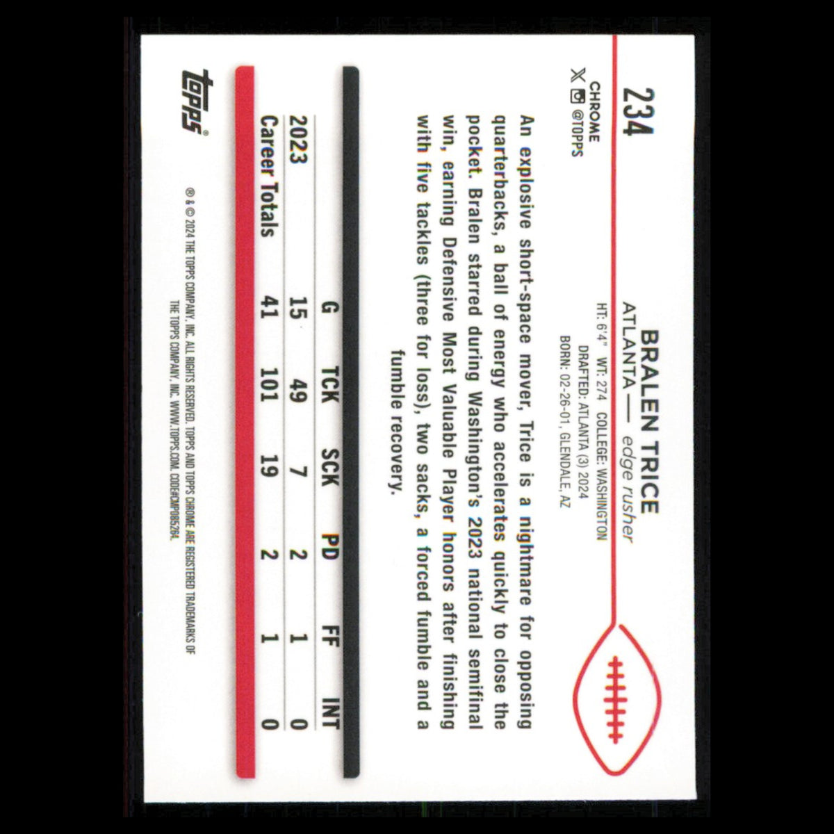 Bralen Trice Rookie #234 2024 Topps Chrome Atlanta Falcons Football Card NFL NM