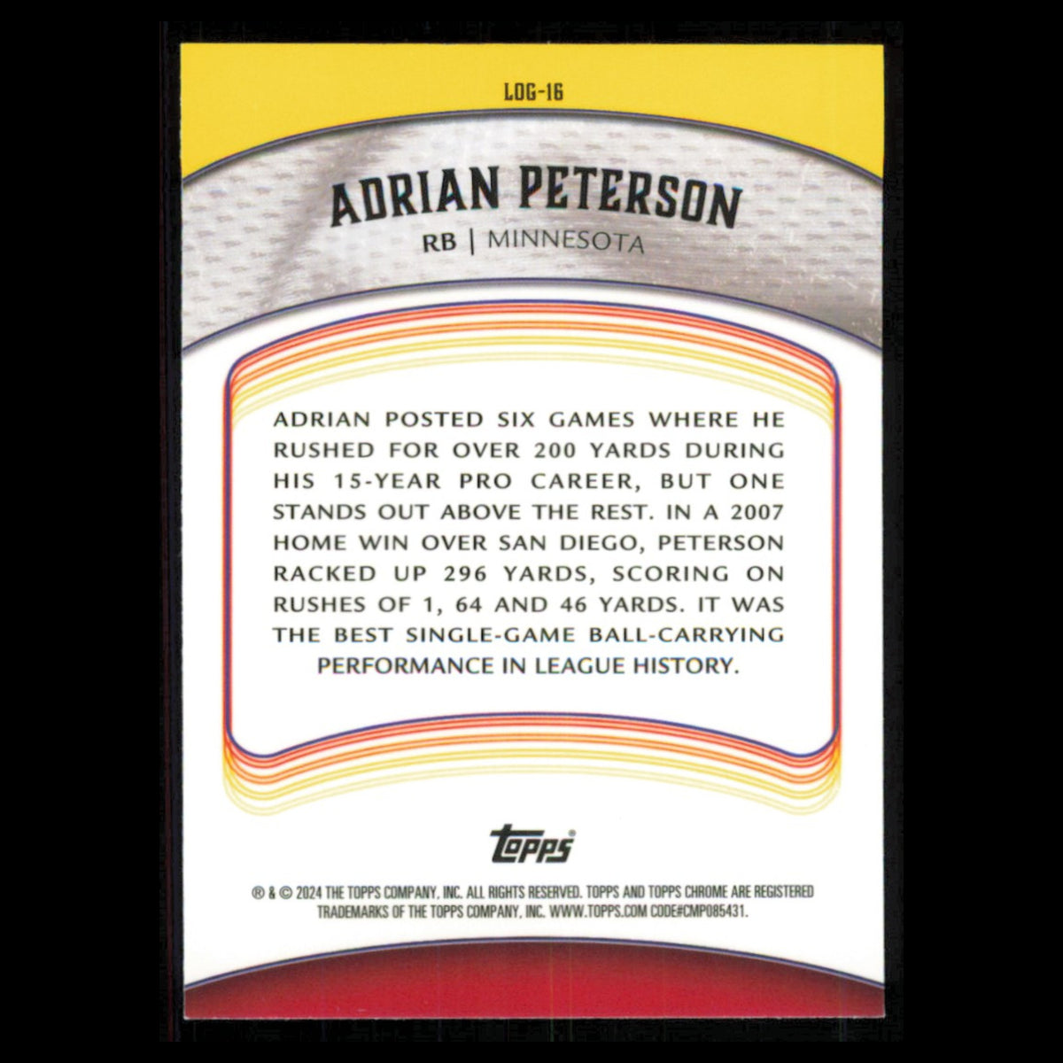 Adrian Peterson #LOG-16 2024 Topps Chrome Legends of the Gridiron Vikings Card