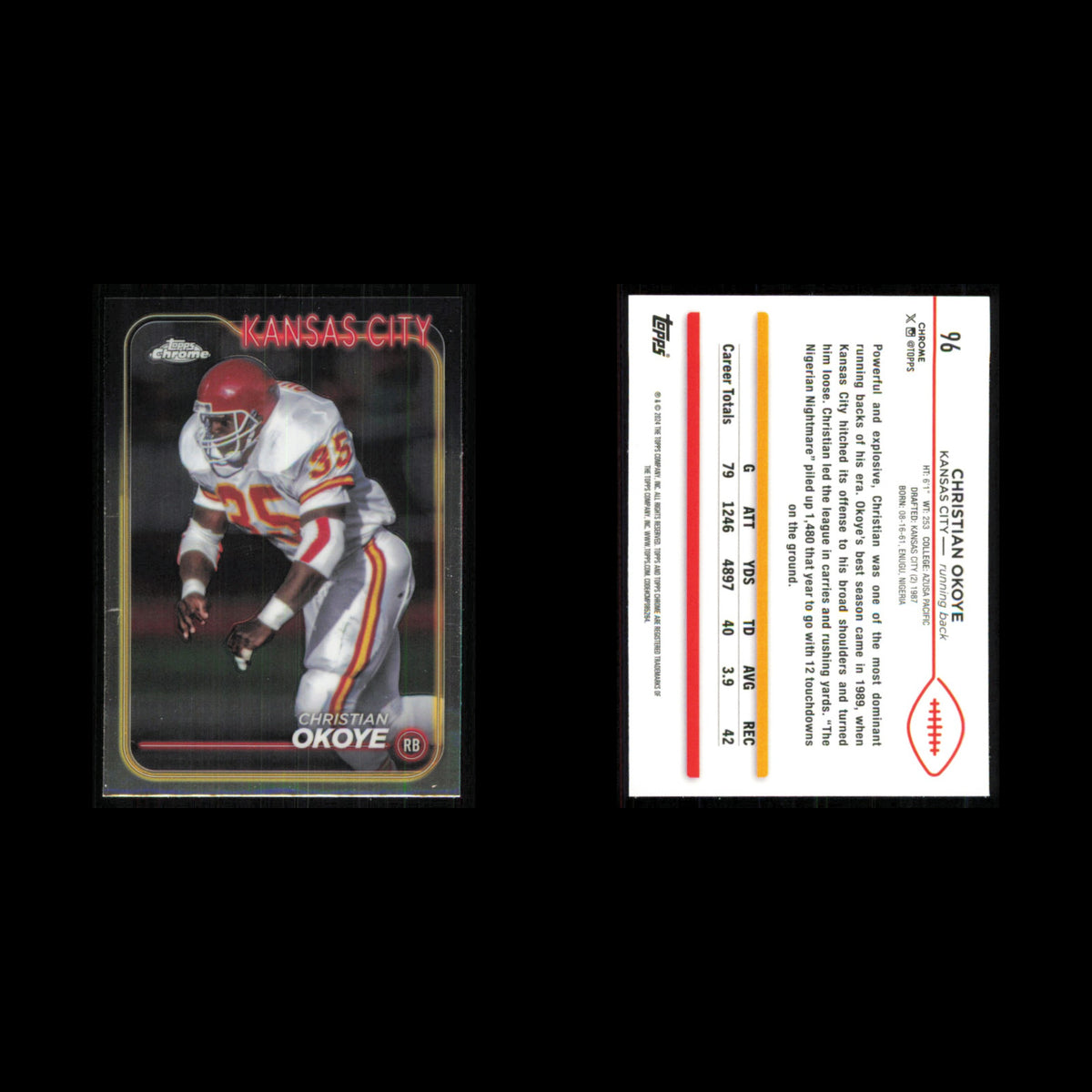 Christian Okoye #96 2024 Topps Chrome Kansas City Chiefs Football Card NFL NM