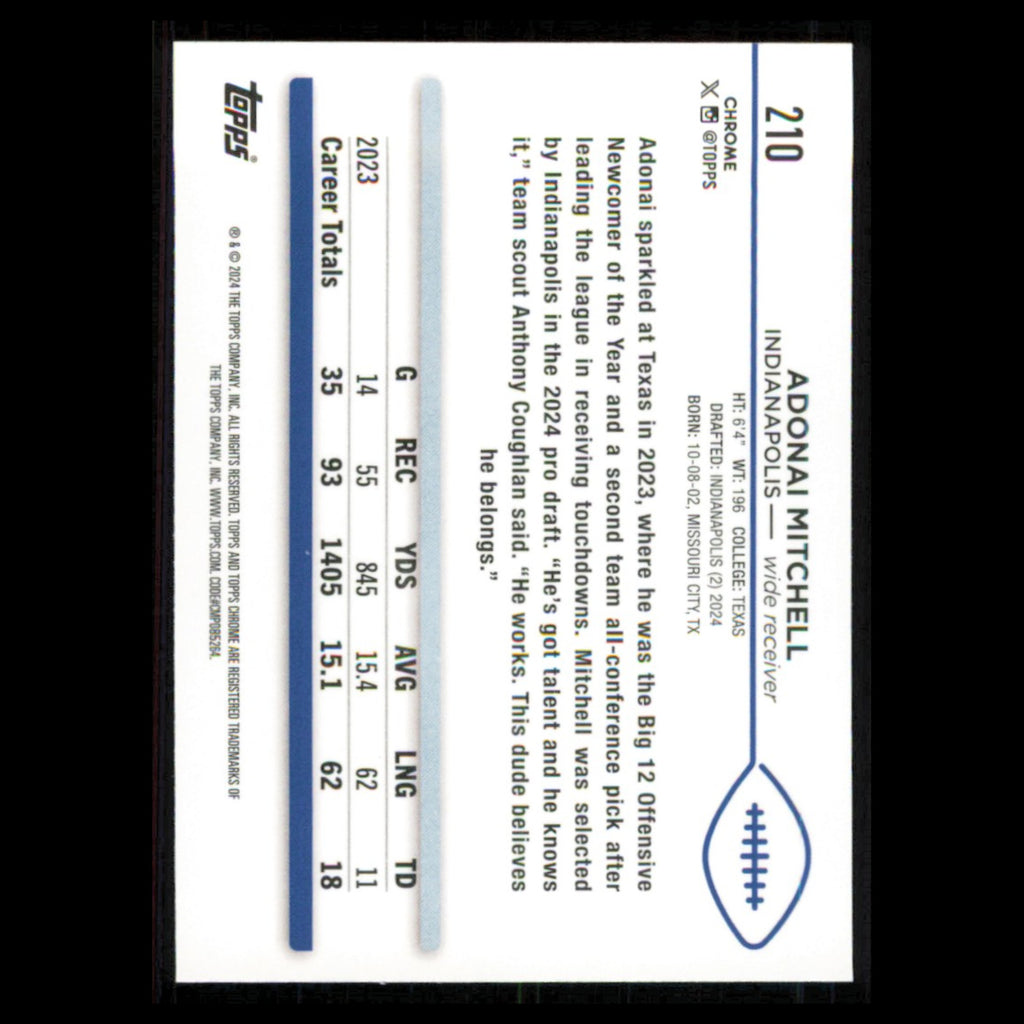 Adonai Mitchell Rookie #210 2024 Topps Chrome Indianapolis Colts Football Card