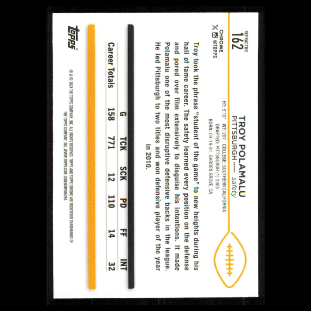 Troy Polamalu #162 2024 Topps Chrome Pittsburgh Steelers Football Card NFL NM