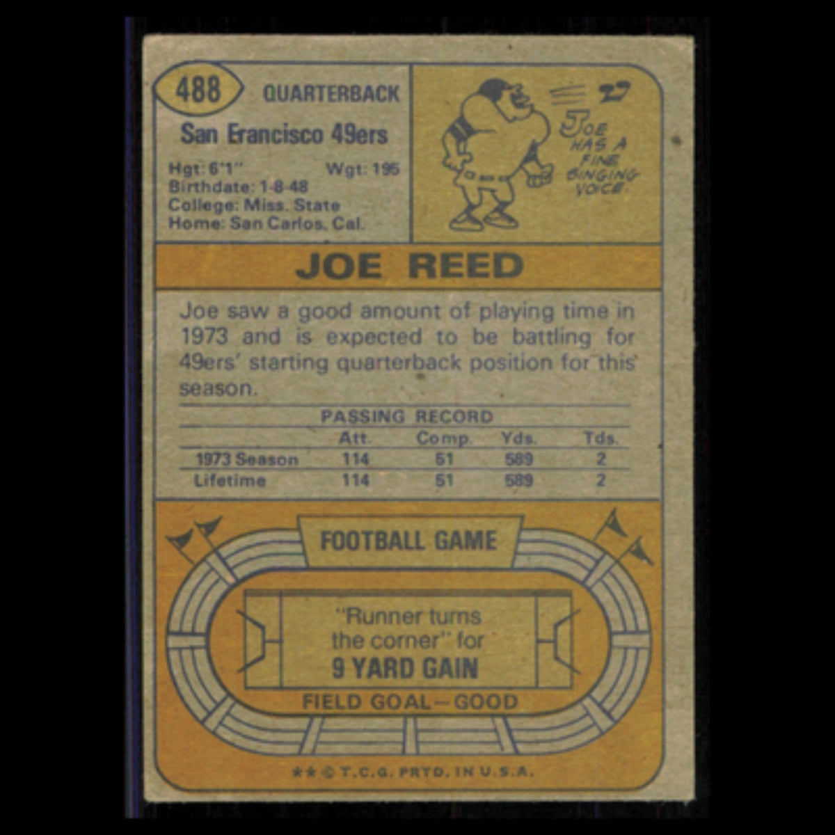 Joe Reed Rookie #488 1974 Topps San Francisco 49ers Football Card NFL Poor