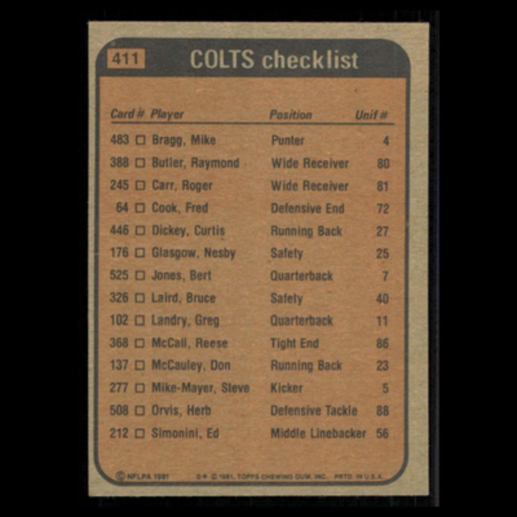 Curtis Dickey/Roger Carr/Bruce Laird/Mike Barnes #411 1981 Topps Baltimore Colts