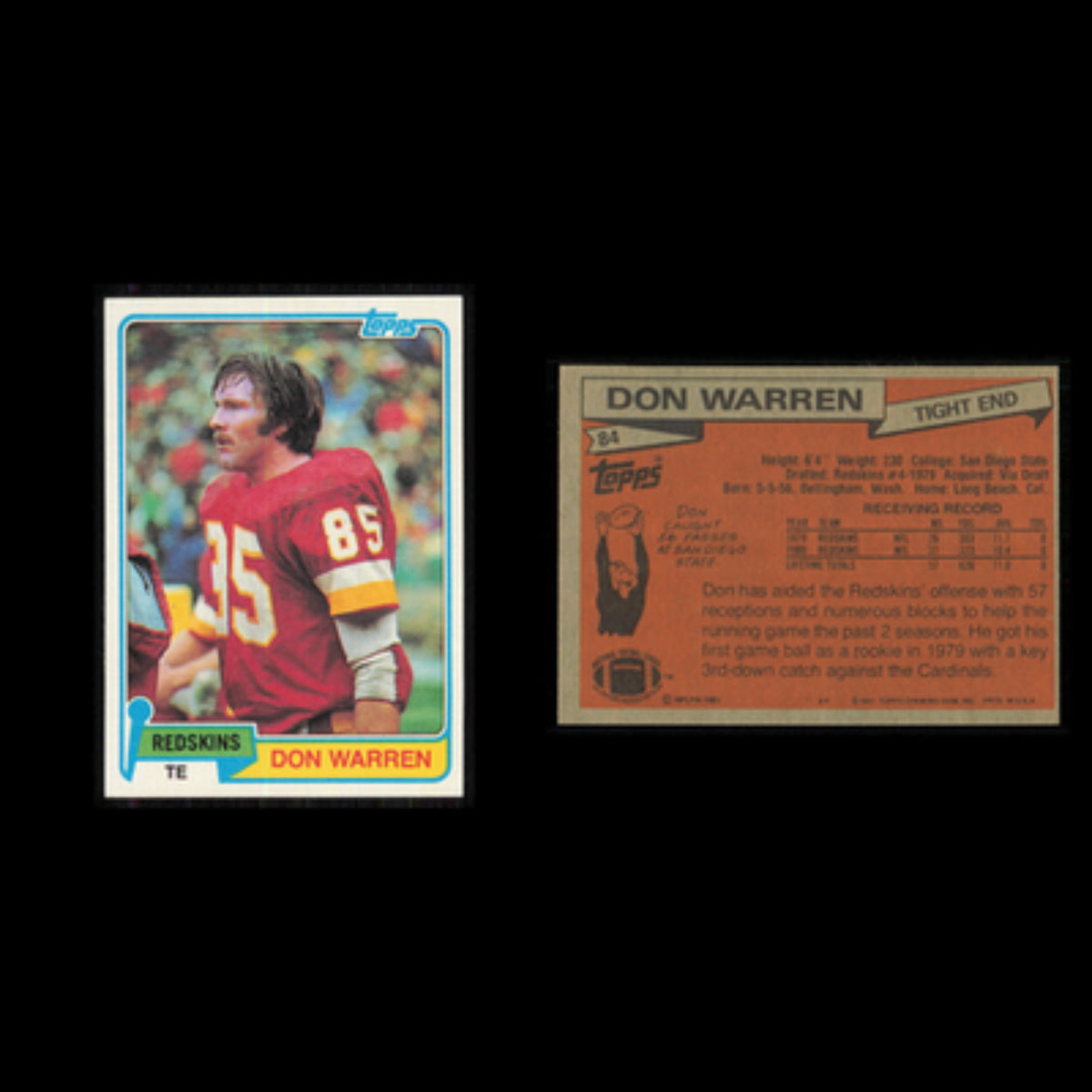Don Warren #84 1981 Topps Washington Redskins Football Card NFL NM