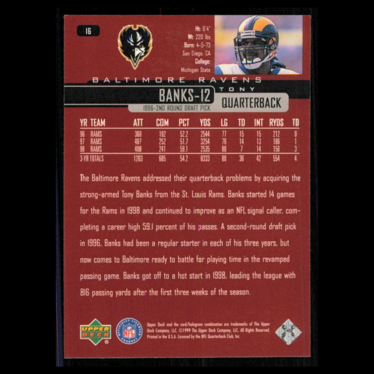 Tony Banks #16 1999 Upper Deck Baltimore Ravens Football Card NFL NM