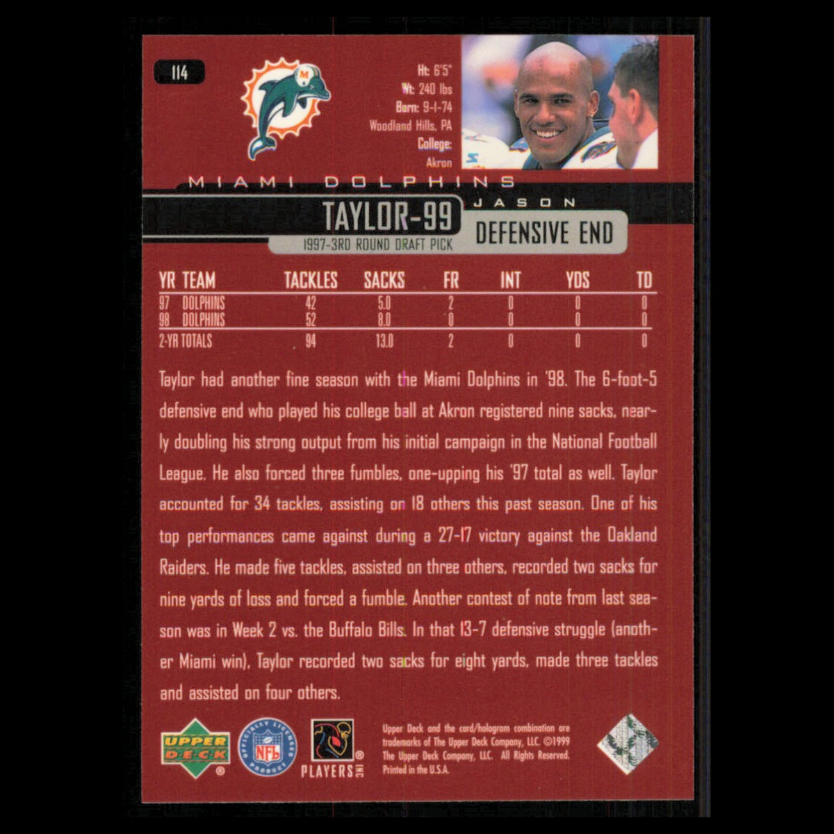 Jason Taylor #114 1999 Upper Deck Miami Dolphins Football Card NFL NM