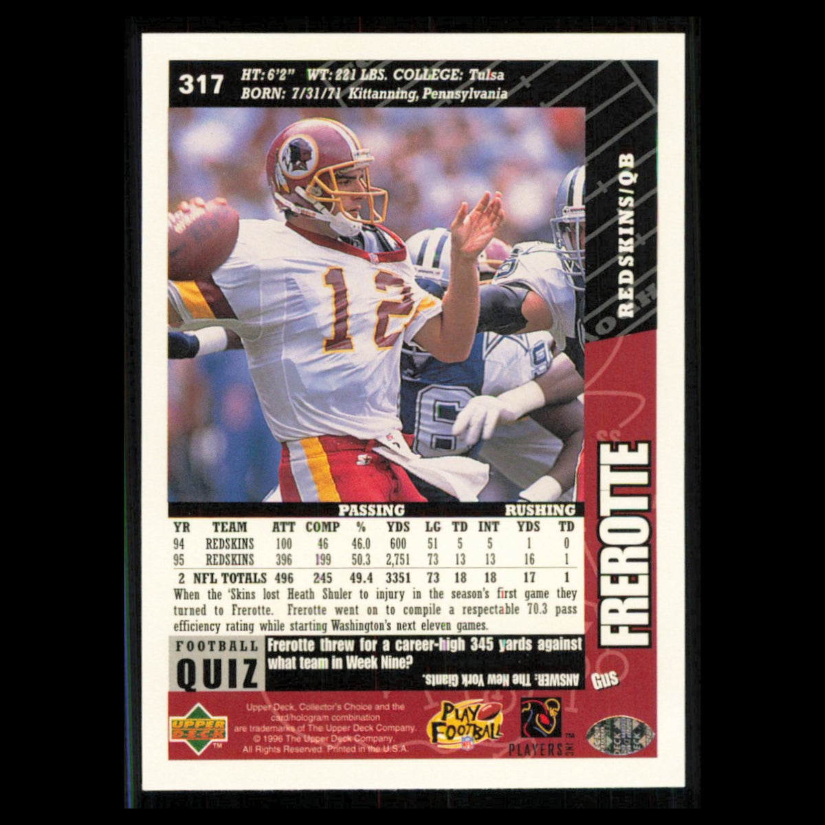 Gus Frerotte #317 1996 Collectors Choice Washington Redskins Football Card NFL