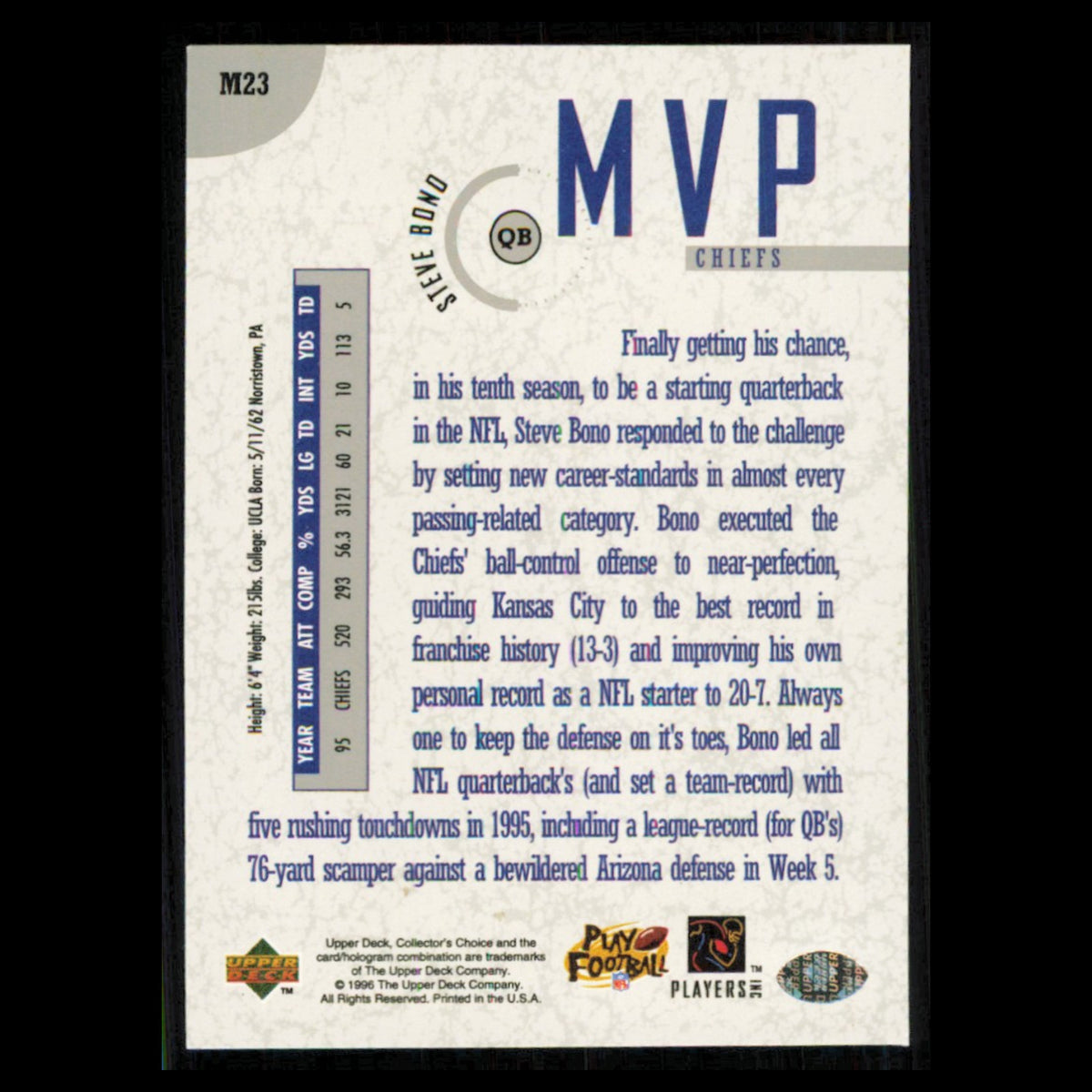 Steve Bono #M23 1996 Collectors Choice MVPs Kansas City Chiefs Football Card NFL