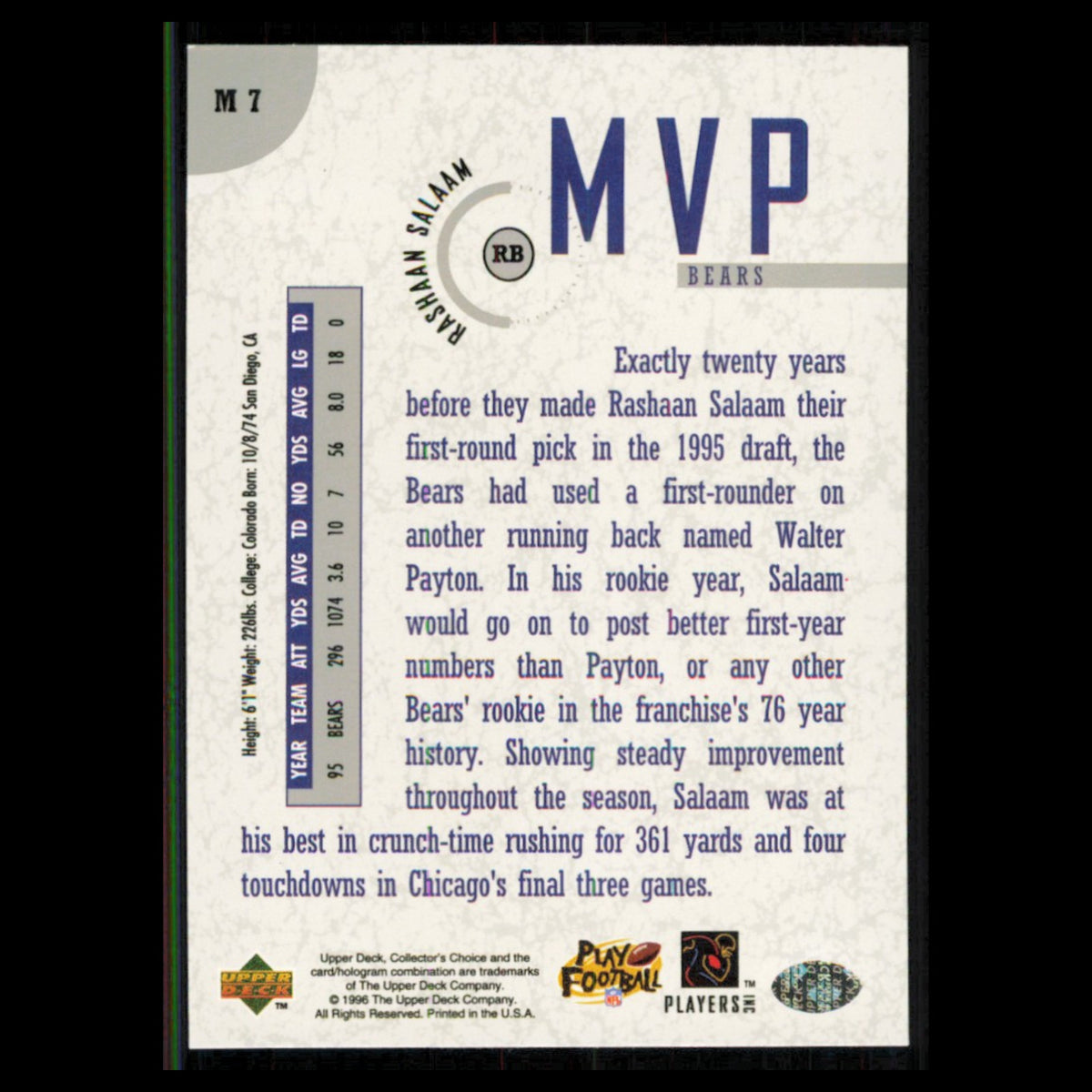 Rashaan Salaam #M7 1996 Collectors Choice MVPs Chicago Bears Football Card NFL