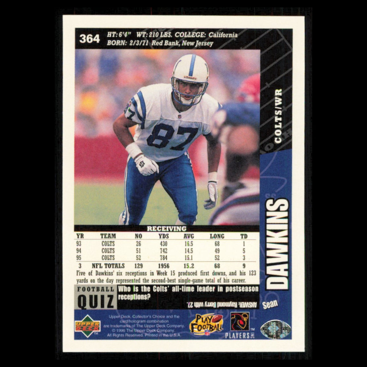 Sean Dawkins #364 1996 Collectors Choice Indianapolis Colts Football Card NFL NM
