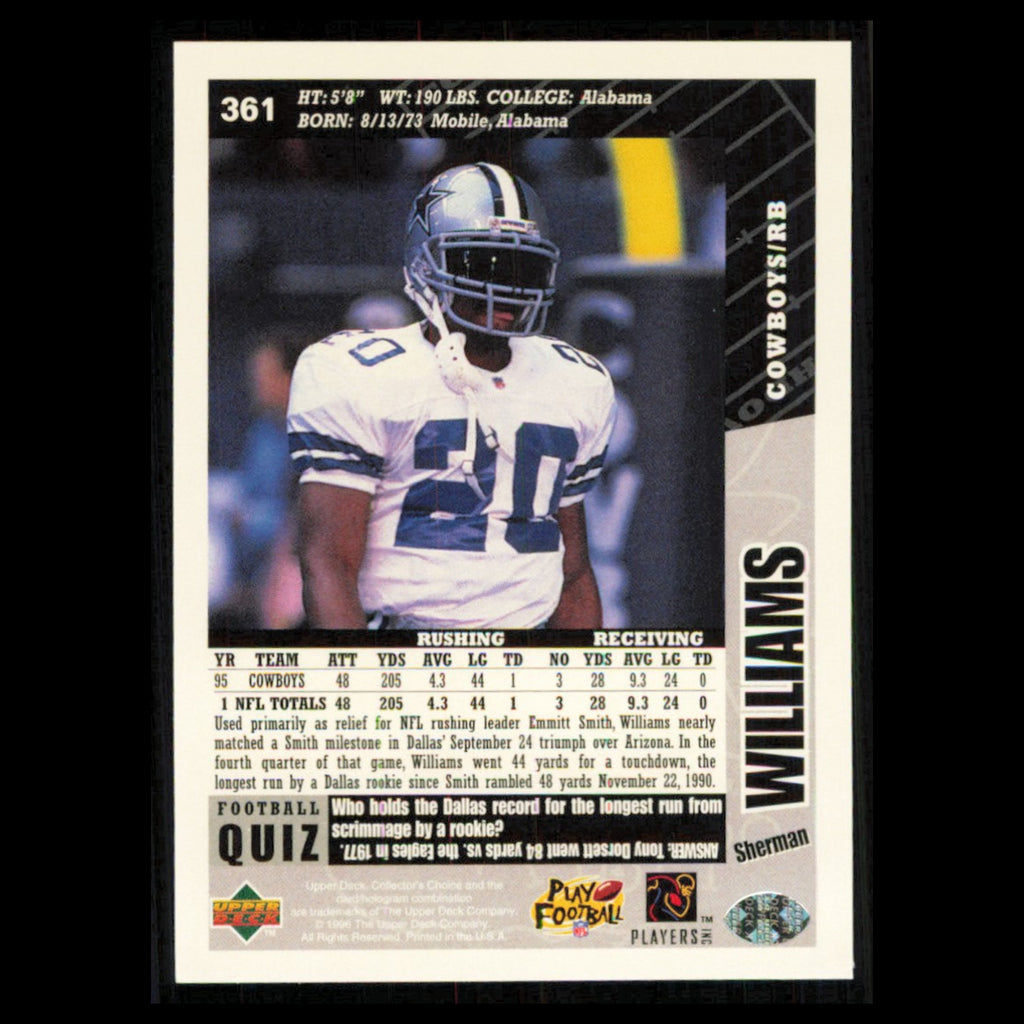 Sherman Williams #361 1996 Collectors Choice Dallas Cowboys Football Card NFL NM