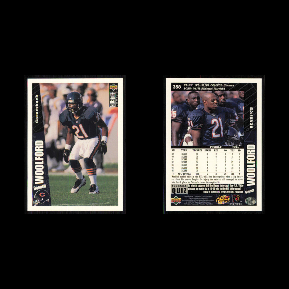 Donnell Woolford #358 1996 Collectors Choice Chicago Bears Football Card NFL NM