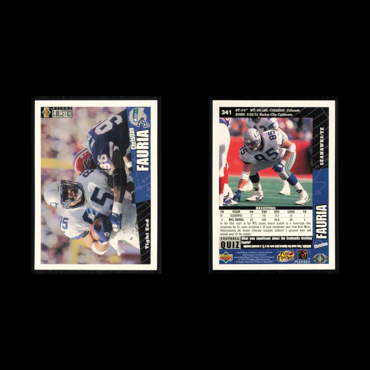 Christian Fauria #341 1996 Collectors Choice Seattle Seahawks Football Card NFL