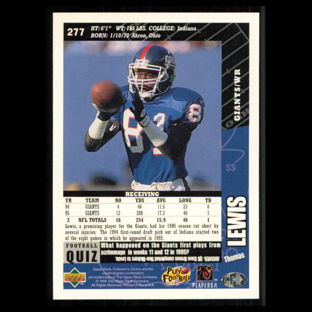 Thomas Lewis #277 1996 Collectors Choice New York Giants Football Card NFL NM