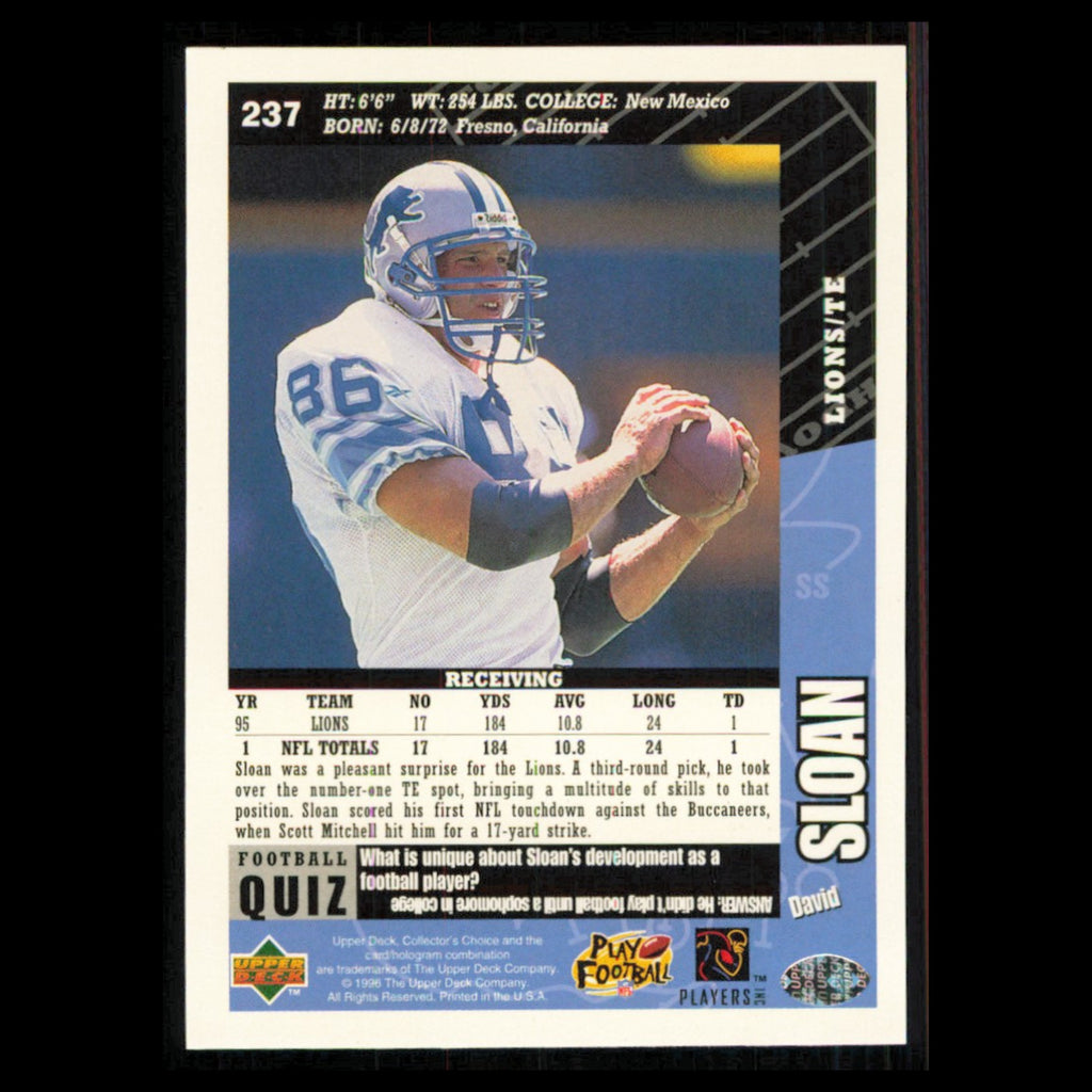 David Sloan #237 1996 Collectors Choice Detroit Lions Football Card NFL NM
