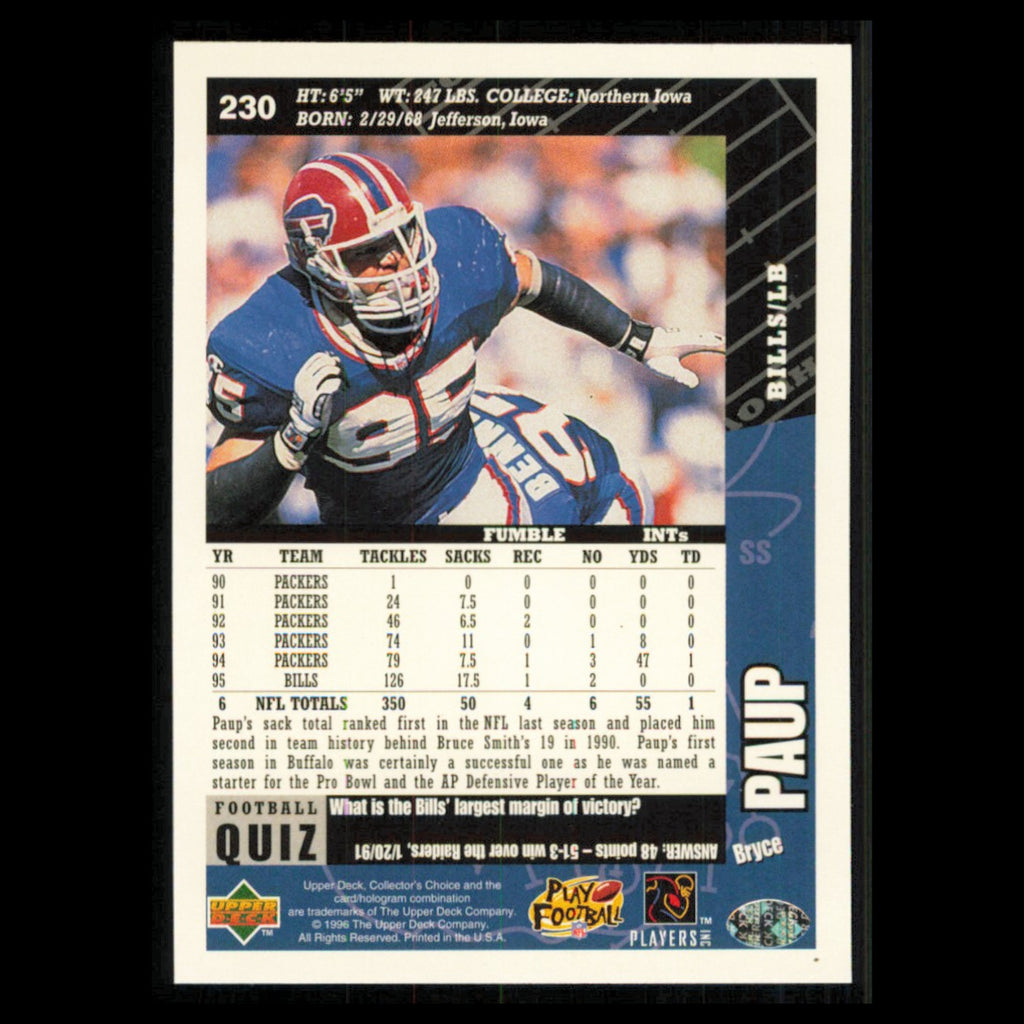 Bryce Paup #230 1996 Collectors Choice Buffalo Bills Football Card NFL NM