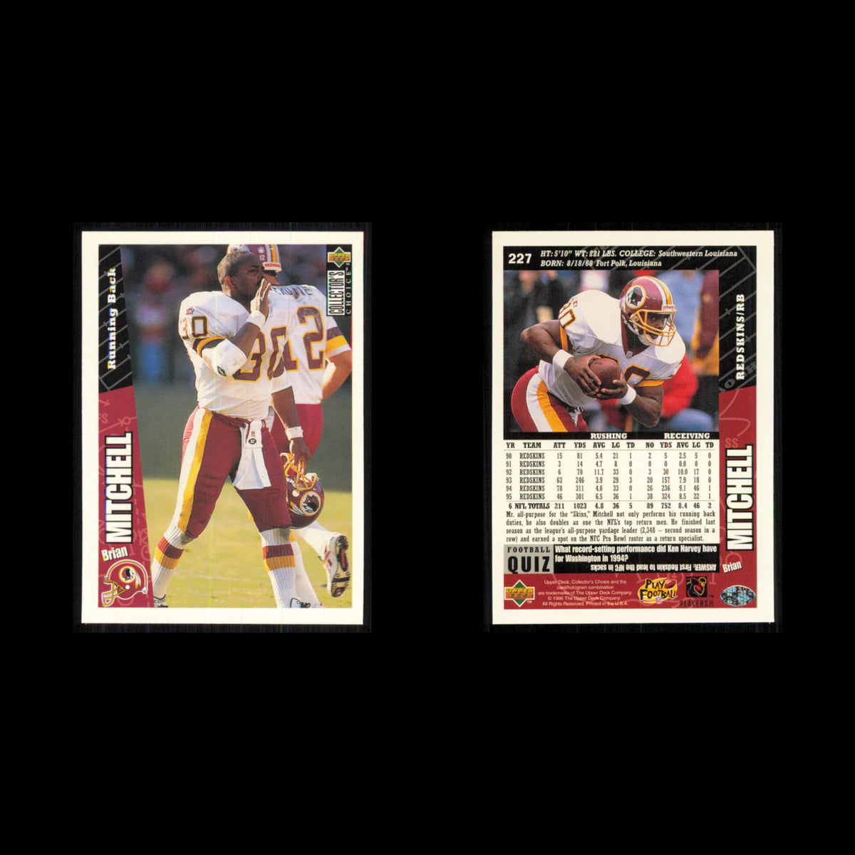 Brian Mitchell #227 1996 Collectors Choice Washington Redskins Football Card NFL