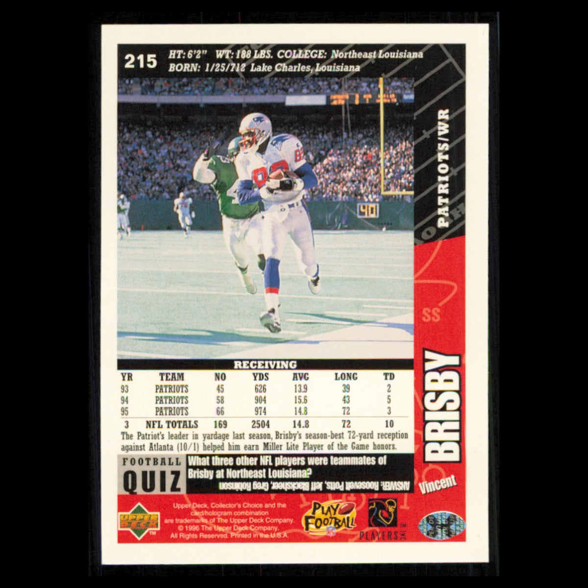 Vincent Brisby #215 1996 Collectors Choice New England Patriots Football Card NM