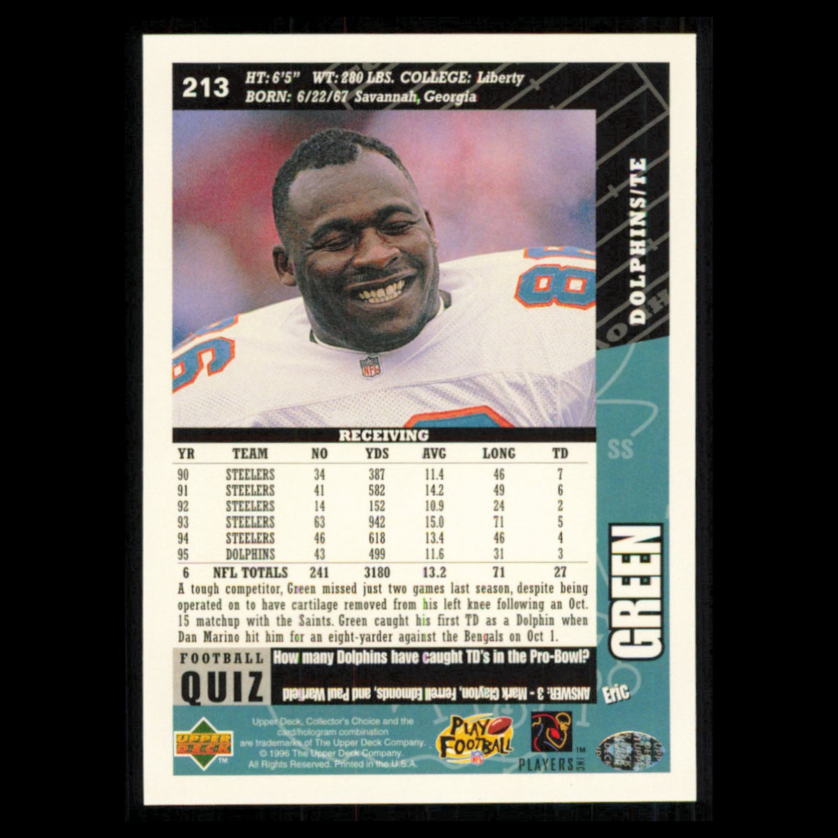 Eric Green #213 1996 Collectors Choice Miami Dolphins Football Card NFL NM