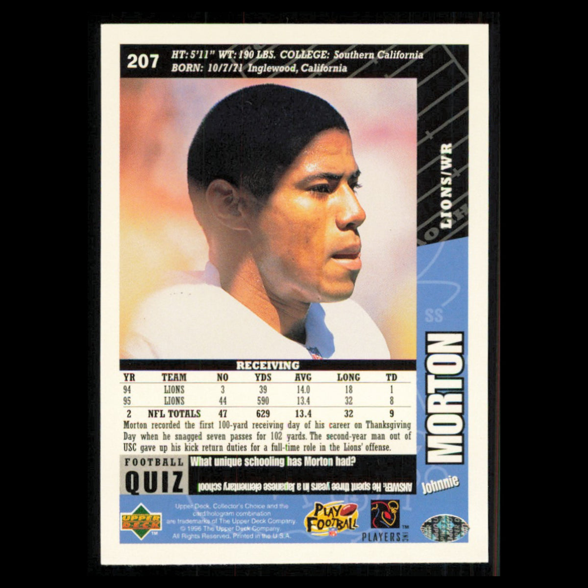 Johnnie Morton #207 1996 Collectors Choice Detroit Lions Football Card NFL NM
