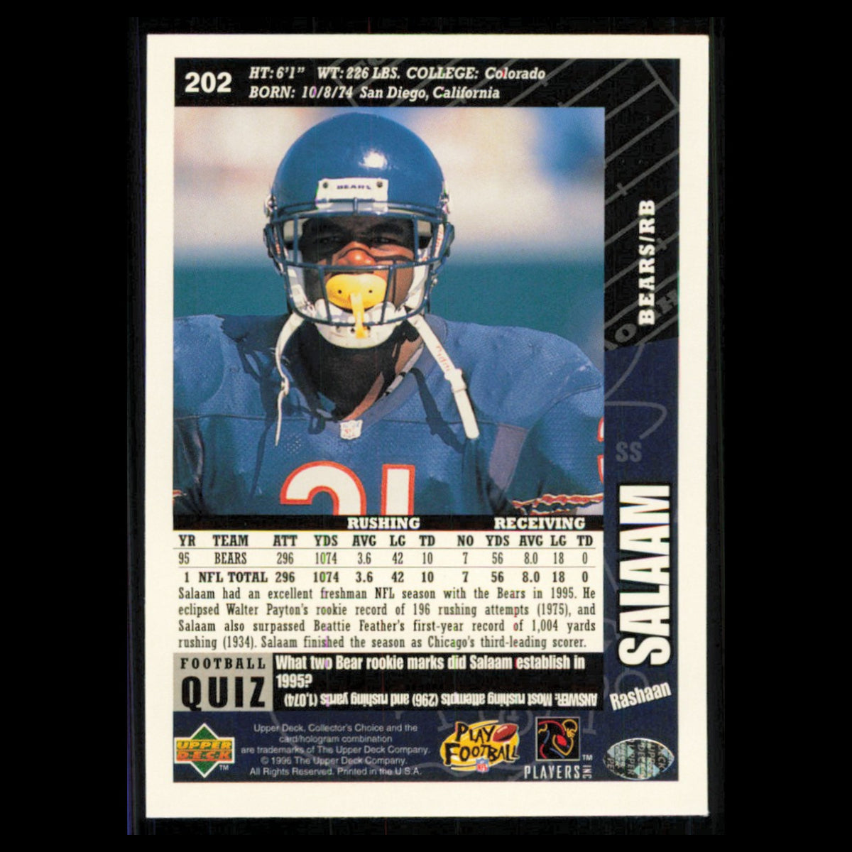 Rashaan Salaam #202 1996 Collectors Choice Chicago Bears Football Card NFL NM